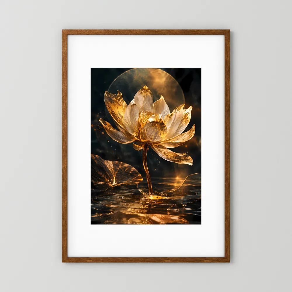 Hochformat-Poster mit goldener Lotusblüte auf dunklem Hintergrund, im Holzrahmen