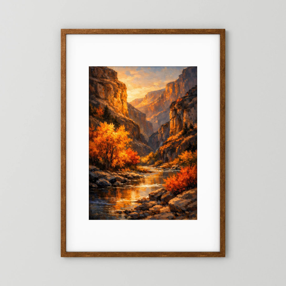 Wandbild im Holzrahmen mit Passepartout: Herbstlicher Canyon bei Sonnenuntergang