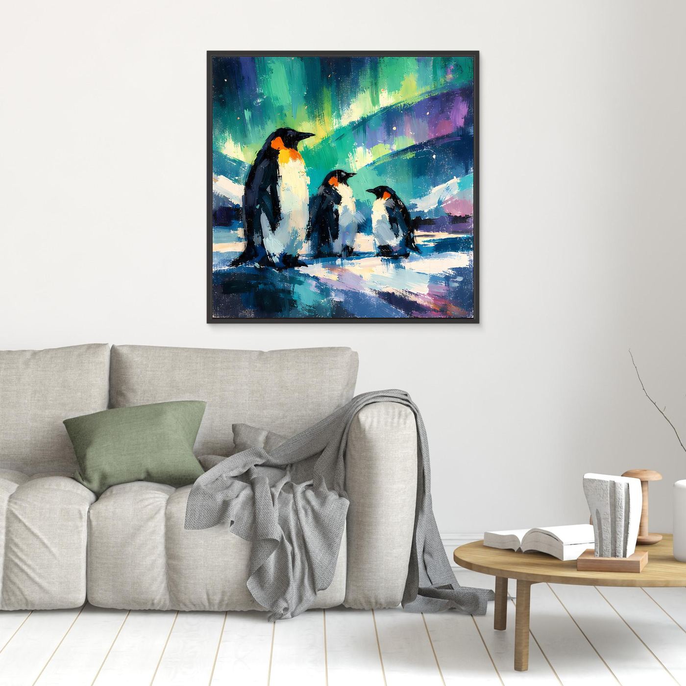 Leinwand Majestätische Pinguine unter Polarlichtern | Abstraktes Antarktis & Nordlicht Wandbild