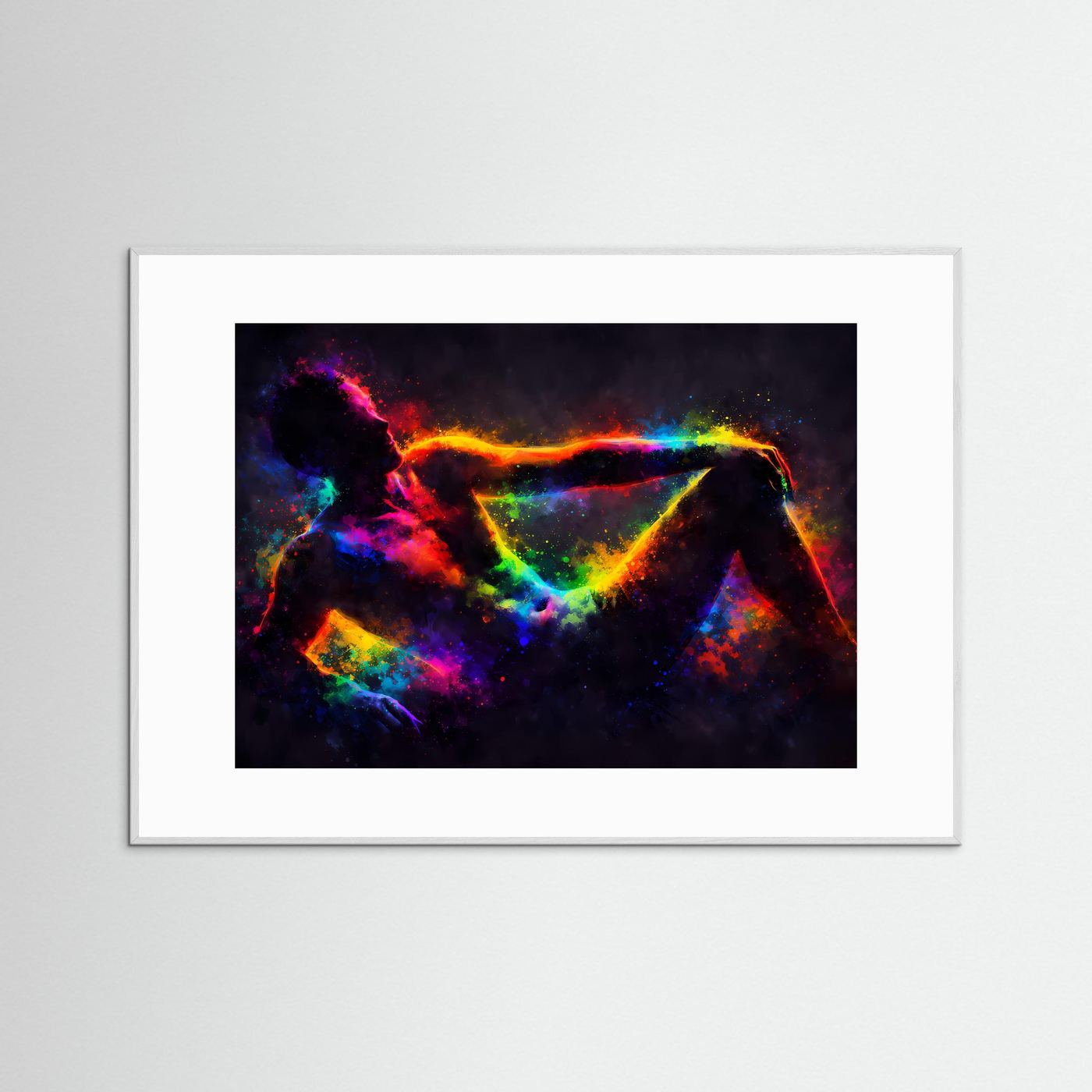 Abstraktes Kunstposter Querformat, Farbexplosion-Figur im grauen Rahmen