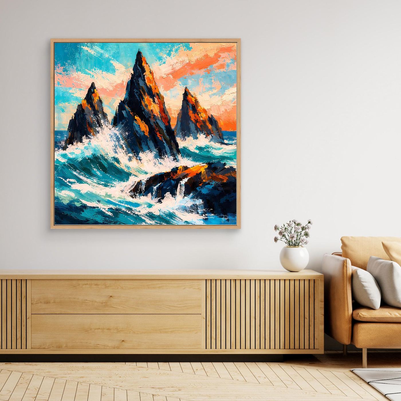 Gerahmtes Leinwand-Wandbild: Klippen im Meer, türkis- und dunkelblaue Farbflächen mit Orange