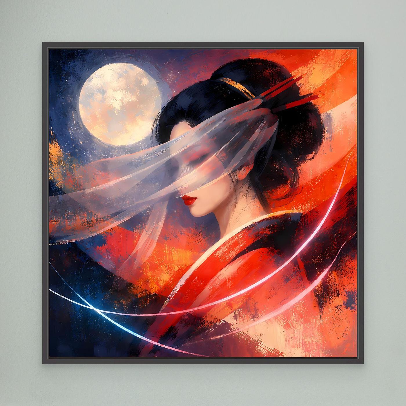 Gerahmtes Leinwandbild mit Geisha-Porträt, rotem und blauem Abstrakt, schwarzem Rahmen