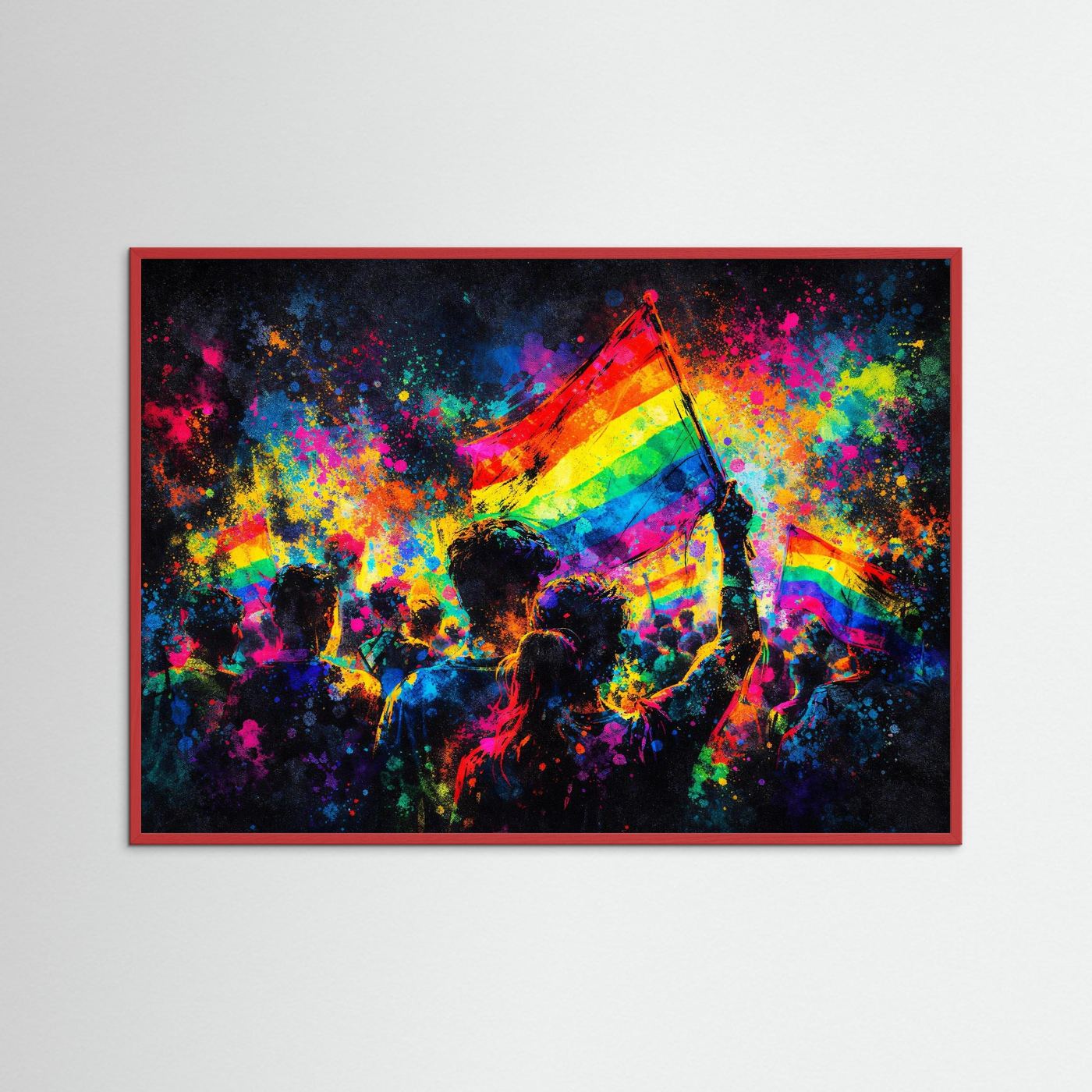 Poster mit Regenbogenflagge und Menschenmenge in bunten Spritzfarben, roter Rahmen