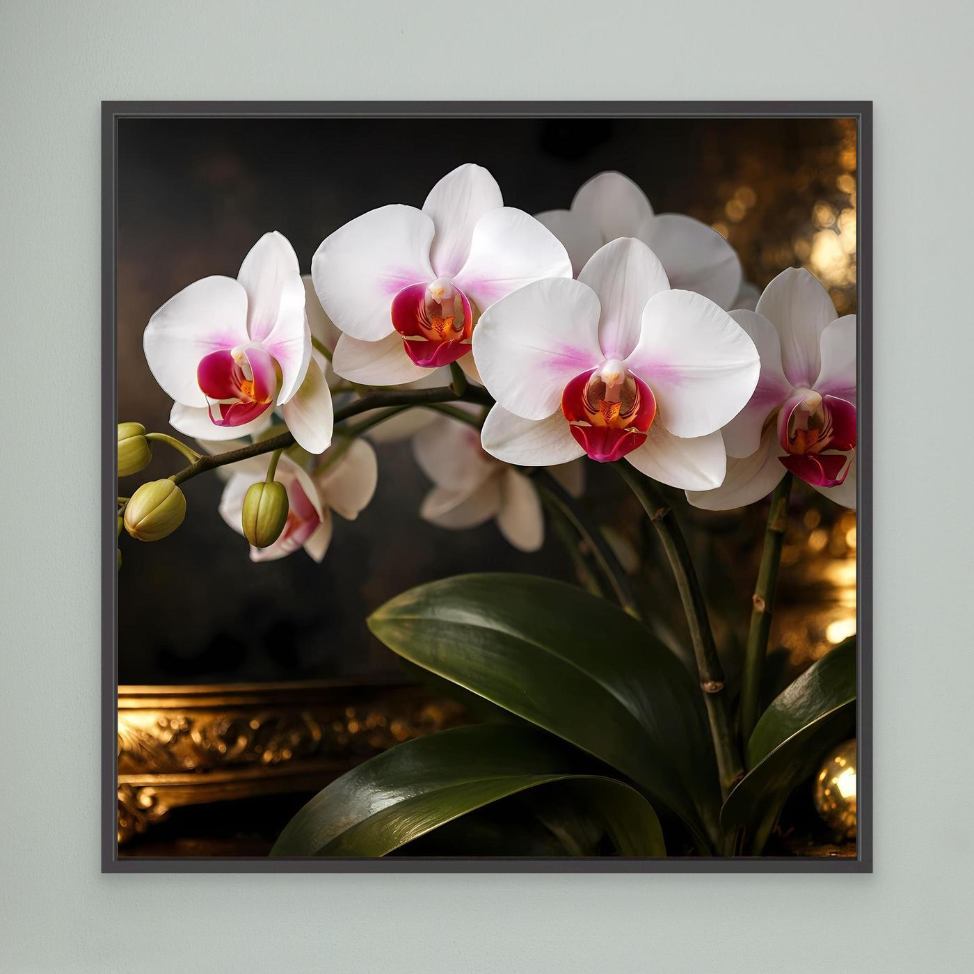 Orchideenblüten-Leinwandbild mit schwarzem Rahmen, weiße Blüten und grüne Blätter