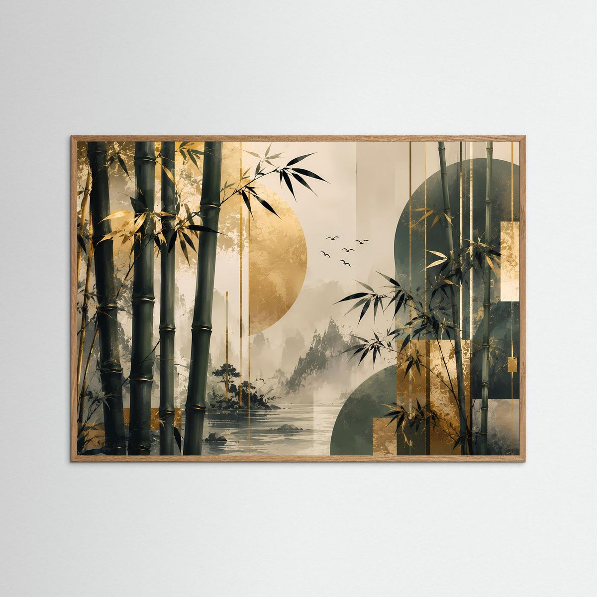 Poster im Querformat mit abstrakter Bambuslandschaft, in hellem Eichenrahmen