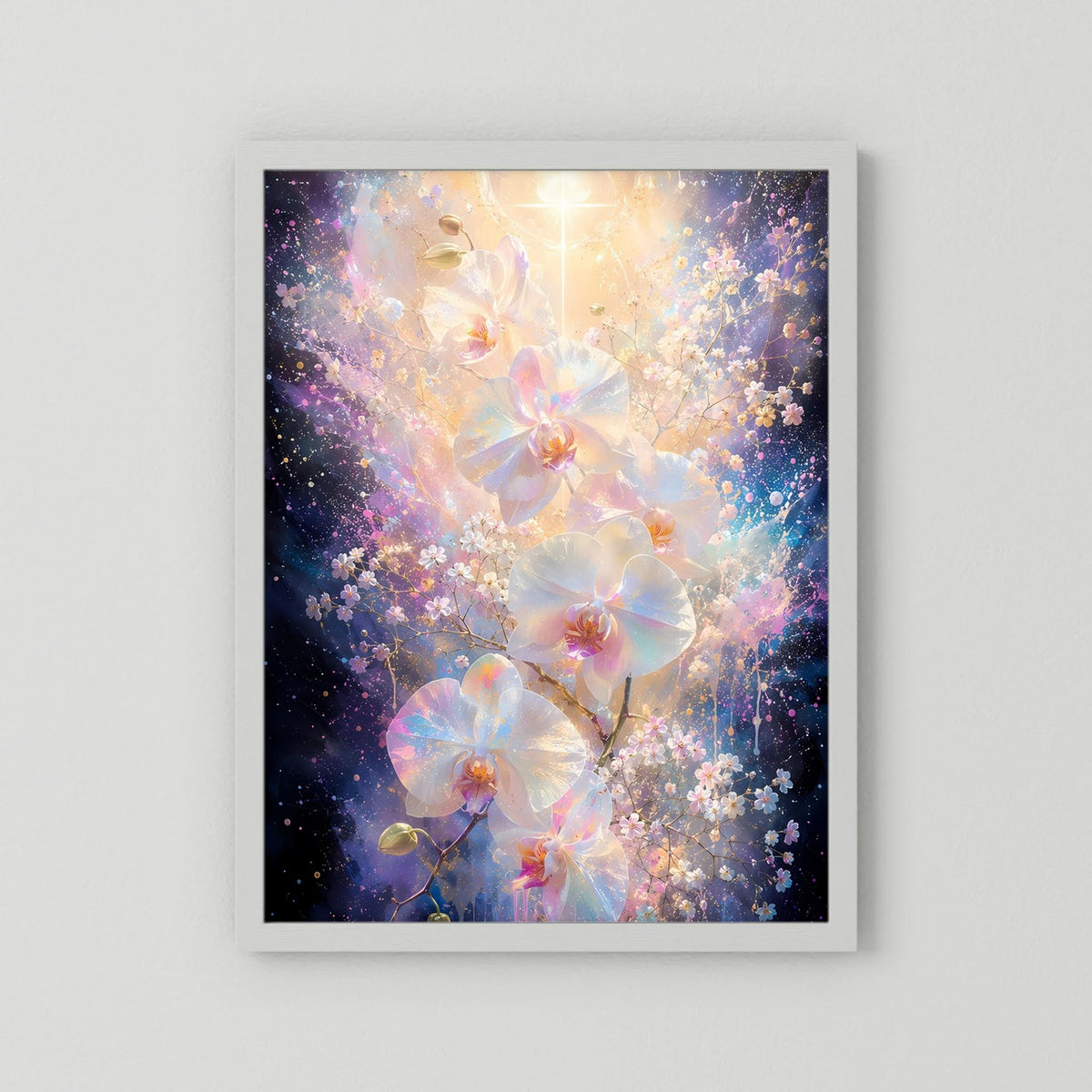 Hochformat-Poster mit weißen Orchideen und golden schimmerndem Licht, weißer Rahmen.