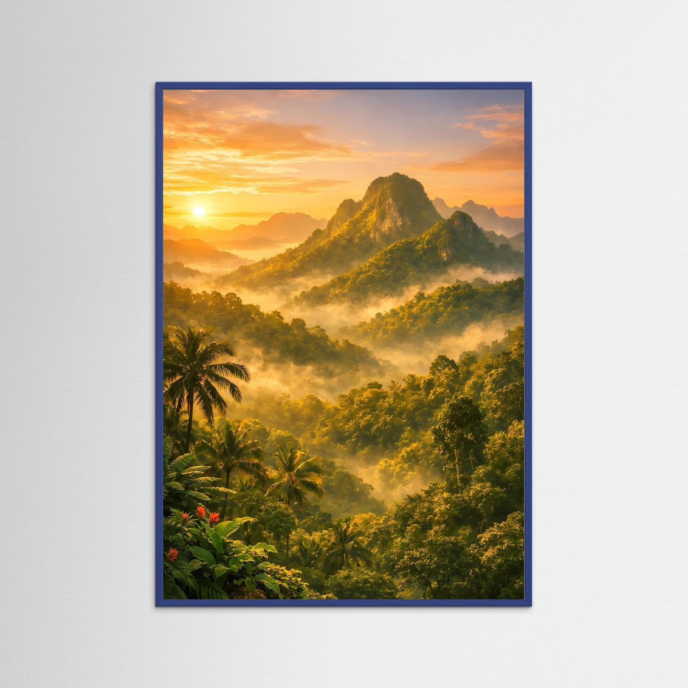 Vertikales Berg-Poster mit Dschungel und goldenem Sonnenaufgang, blauer Rahmen