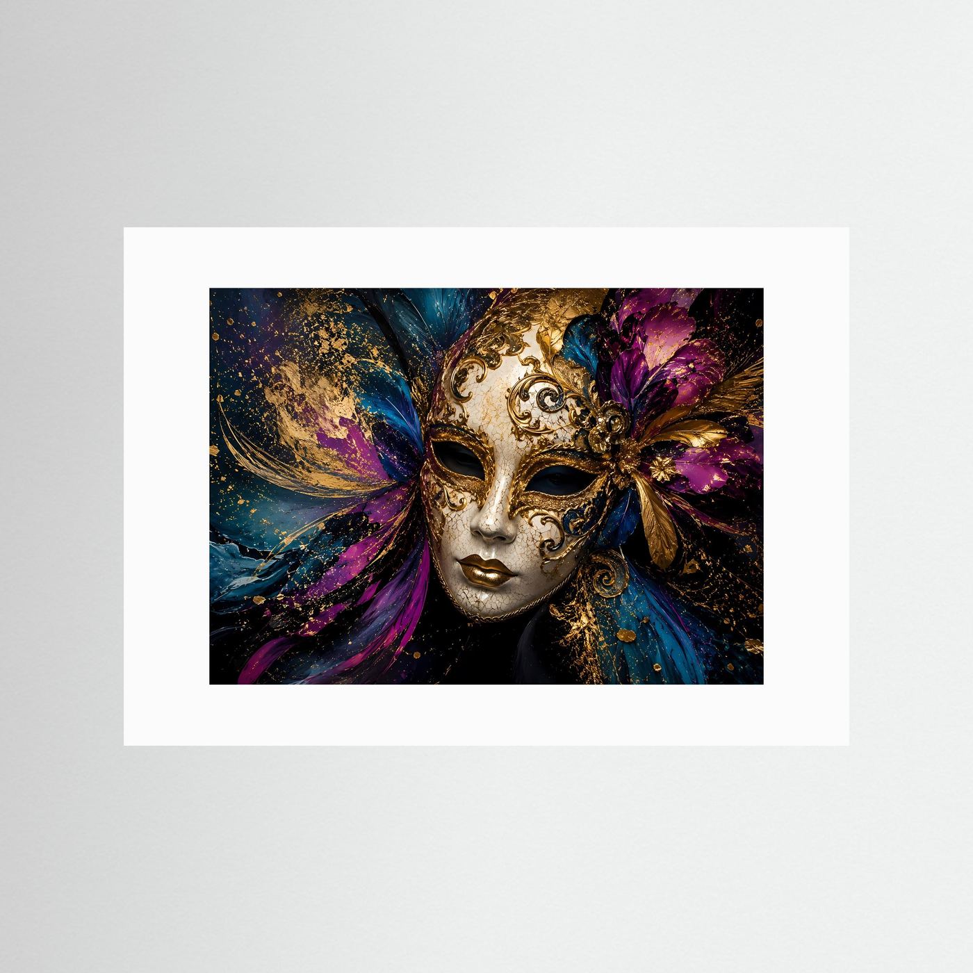 Prunkvolle Venezianische Maske in Gold, Violett & Blau | Maskenball & Kunst-Wandbild