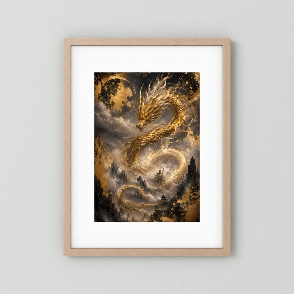 Hellholzgerahmtes Hochformat-Poster mit goldenem Drachen über Wolken und Bergen