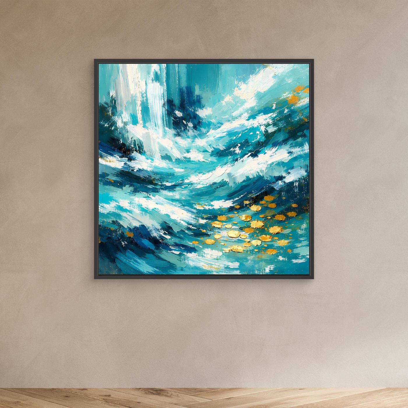 Abstraktes Leinwand-Wandbild mit schwarzem Rahmen, türkisfarbene Wellen und goldene Akzente