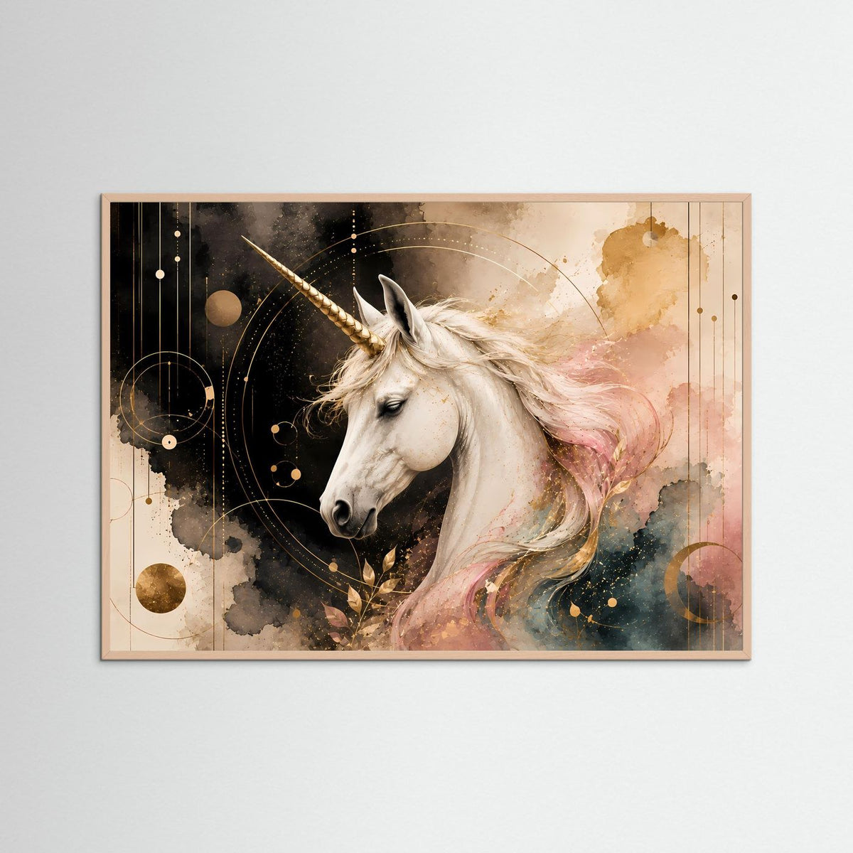 Querformat-Poster mit Einhornmotiv in Pastellrosa und Gold im Roséholzrahmen
