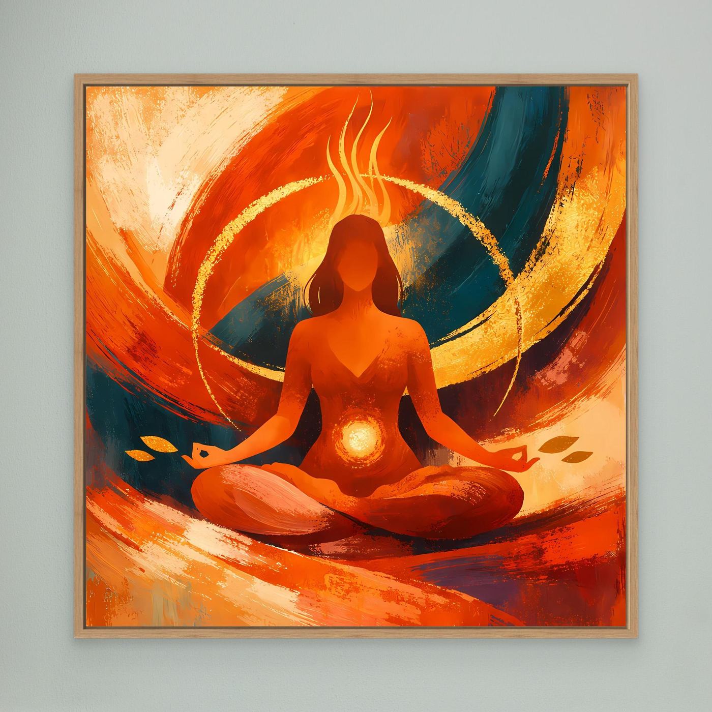 Abstraktes Leinwandbild mit Yogaperson in Meditation, Orange und Blau, mit Holzrahmen