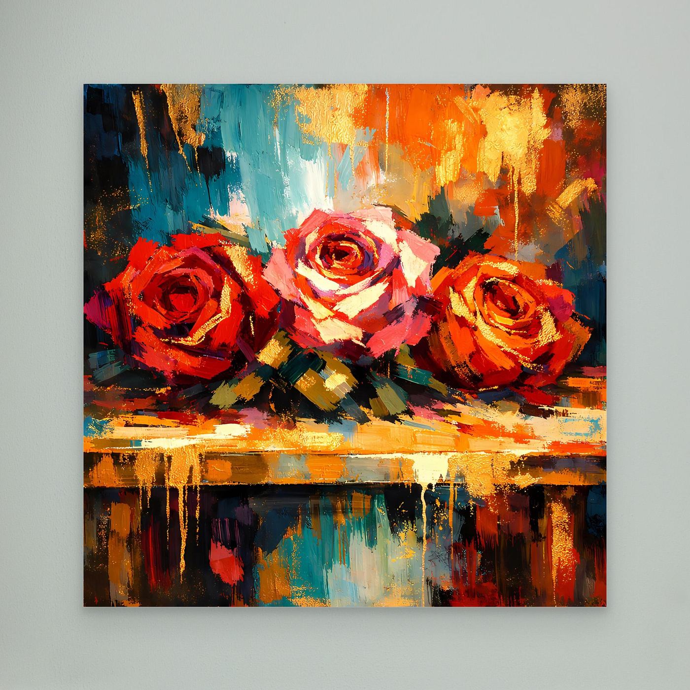 Abstraktes Rosen-Leinwandbild mit bunten Pinselstrichen, warmes Farbspiel