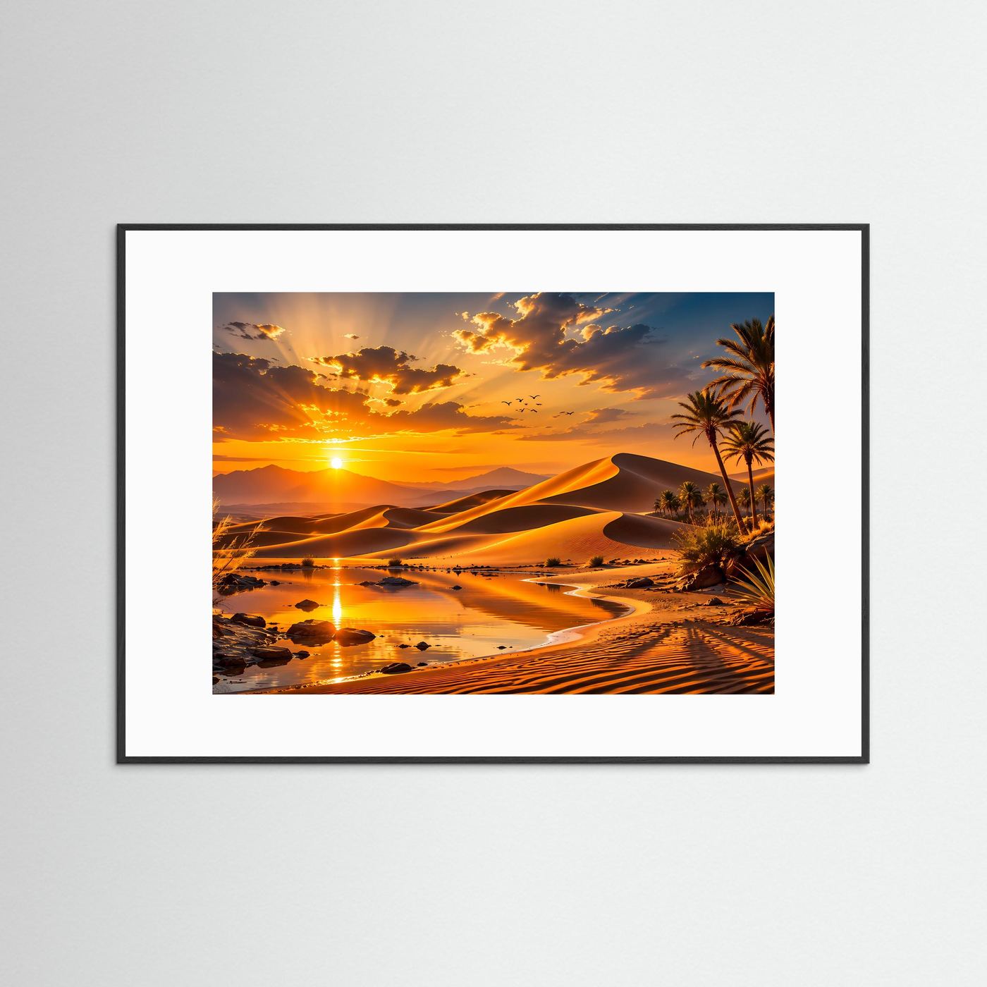 Wandbild mit schwarzem Rahmen und weißem Passepartout: Sonnenuntergang, Dünen und Palmen
