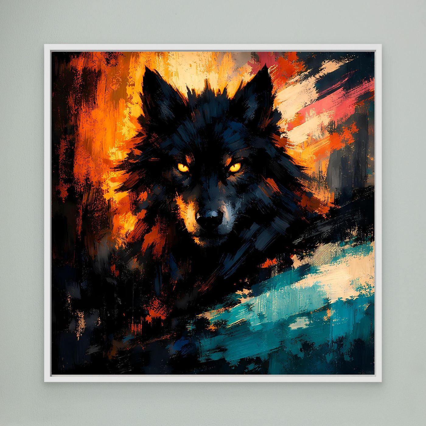 Wandbild mit abstraktem Wolfsgesicht und Flammenoptik, türkisfarbene Pinselstriche, weißer Rahmen