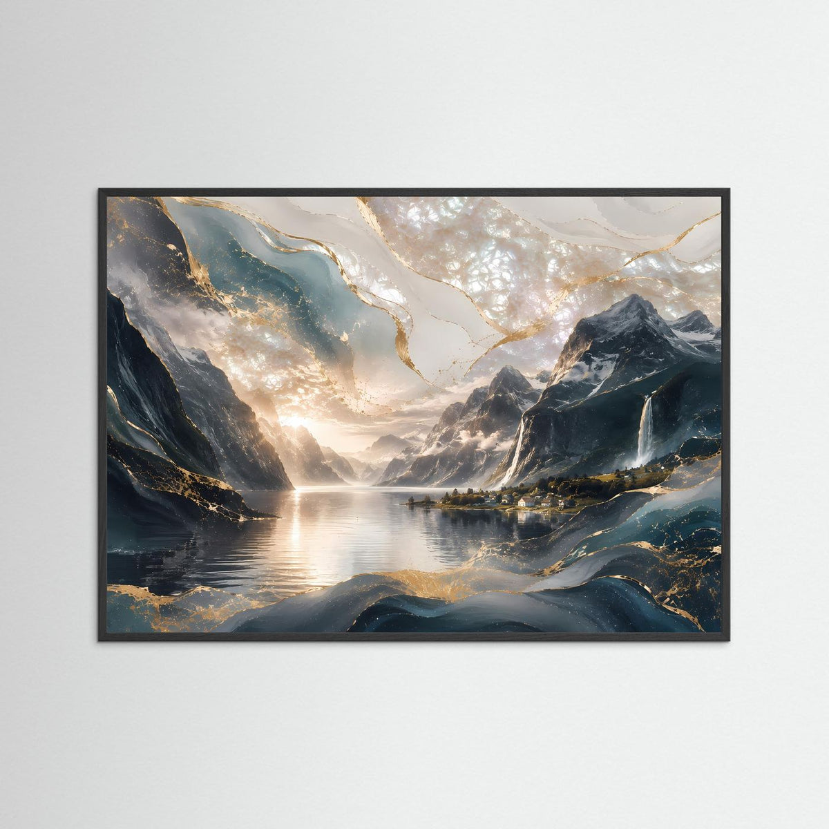 Querformat-Poster im schwarzen Rahmen mit abstraktem Fjord, Bergen und Wasserfall