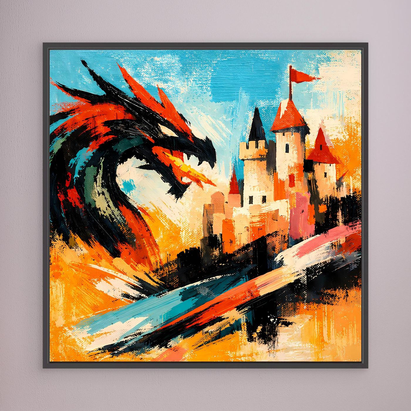 Leinwand Mythischer Drache vor dem Königsschloss | Abstraktes Fantasy Wandbild