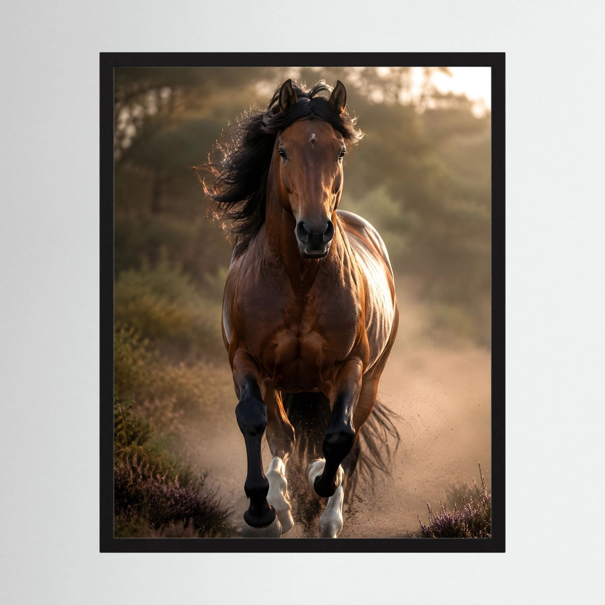 Hochformat-Kunstdruck mit braunem Hengst im Galopp, schwarzer Rahmen, wallende Mähne