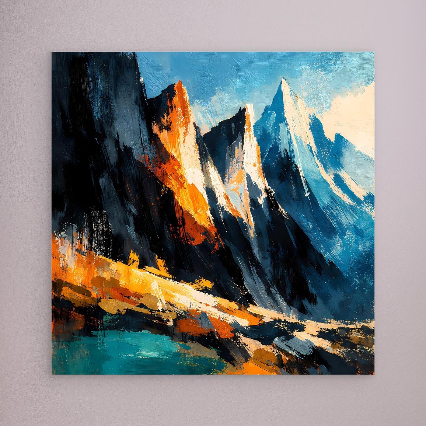 Wandbild mit abstrakten Bergspitzen in Blau, Schwarz und Orange, ohne sichtbaren Rahmen