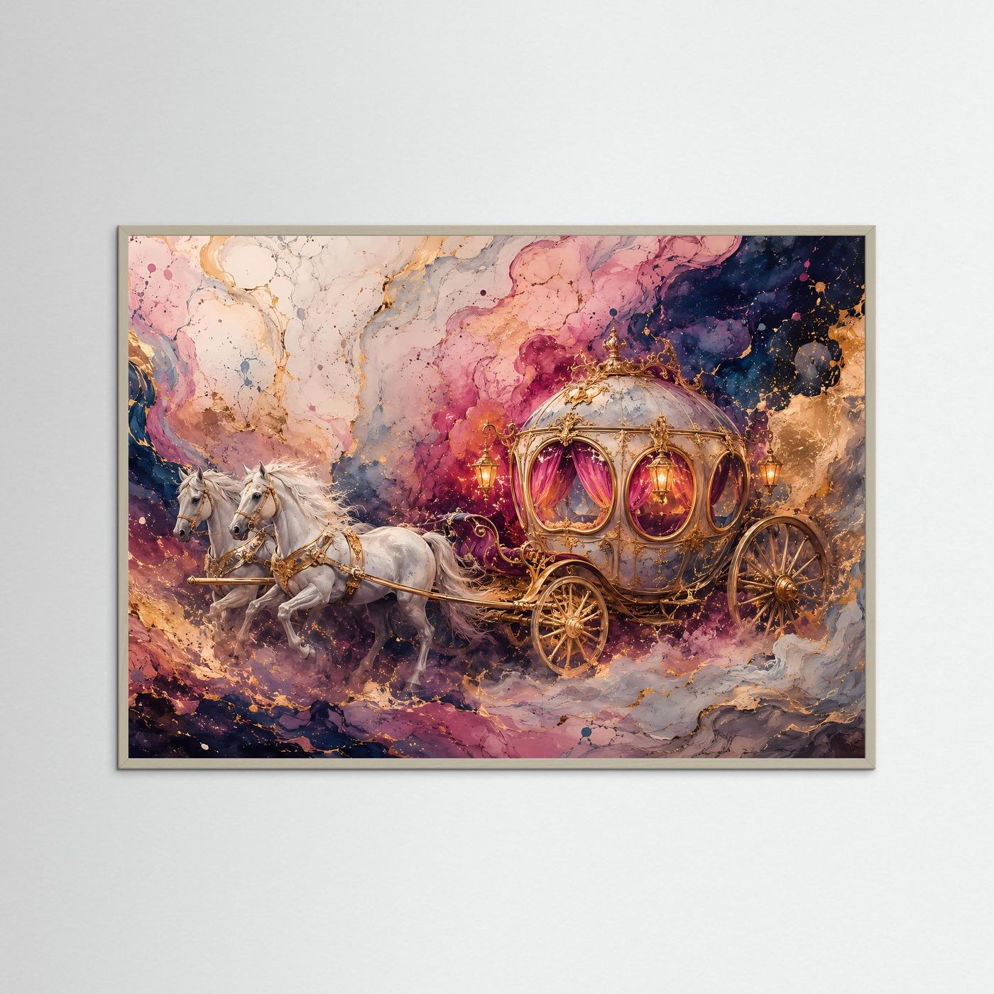 Märchenhafte Kutsche mit weißen Pferden | Fantasy Kunst in Rosa & Gold
