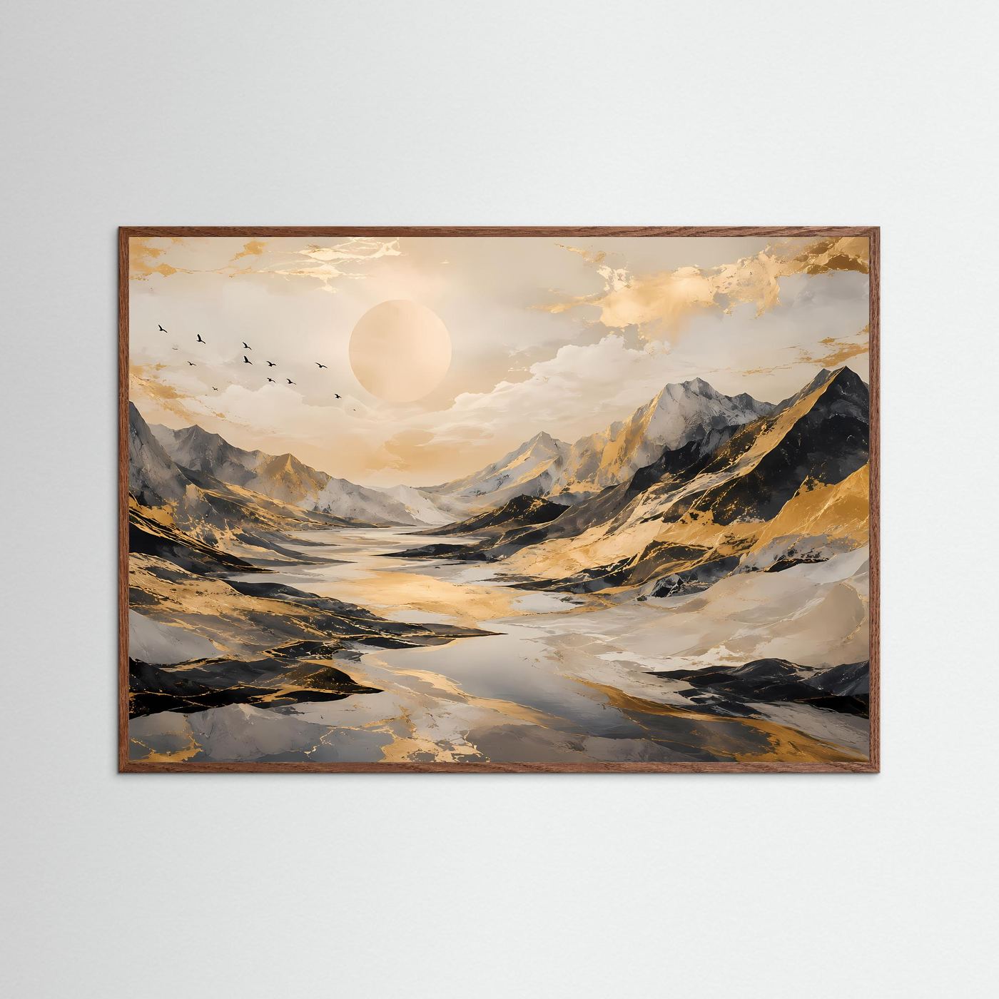 Abstrakte Berglandschaft mit Goldakzenten | Modernes Poster in Schwarz, Weiß & Gold | Edles Wandbild Querformat