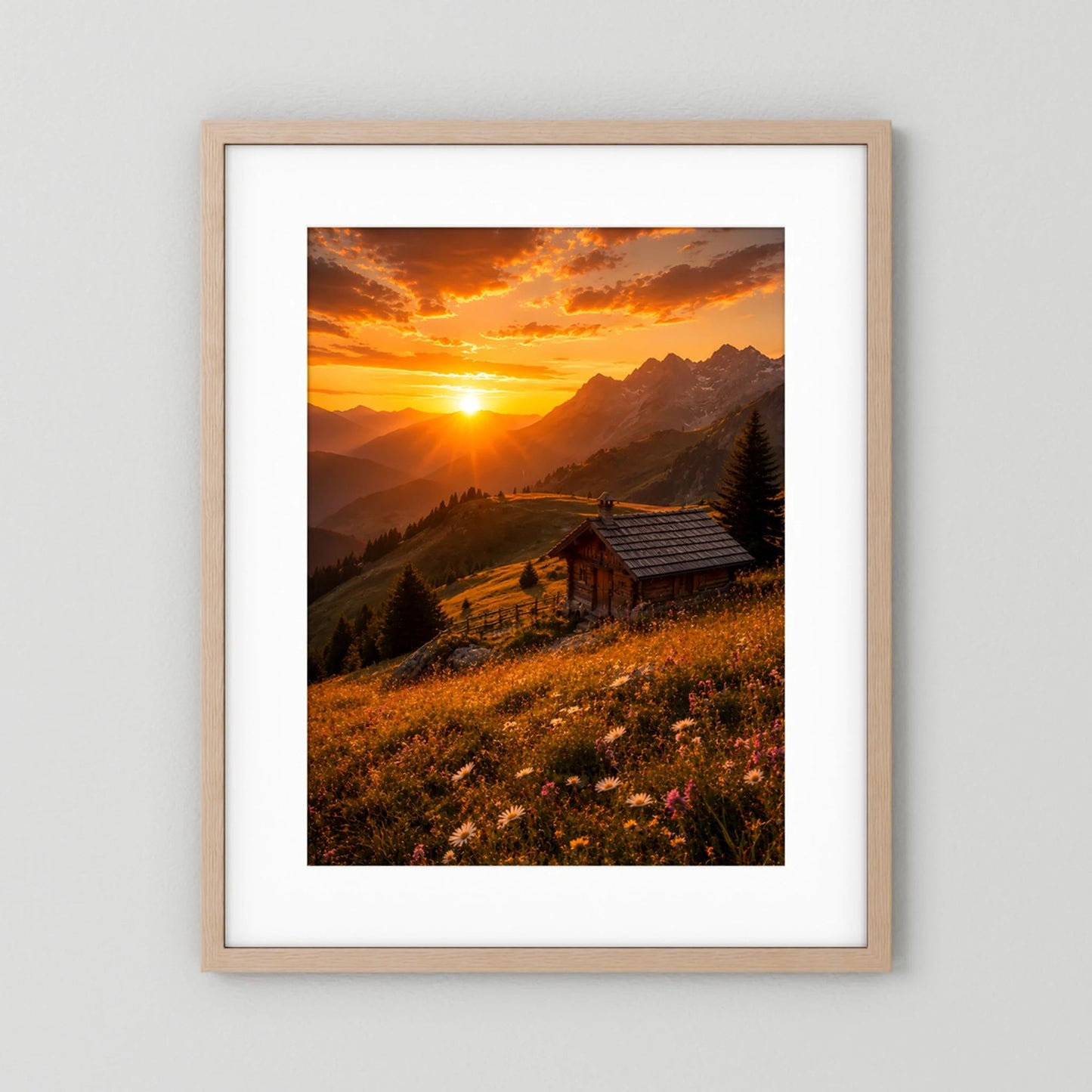 Poster mit hellem Holzrahmen und weißem Passepartout: orangefarbener Sonnenuntergang, Berghütte