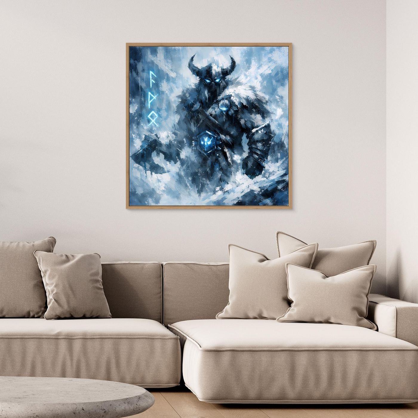 Wandbild mit blauem Wikinger-Krieger im Schneesturm in hellem Holzrahmen