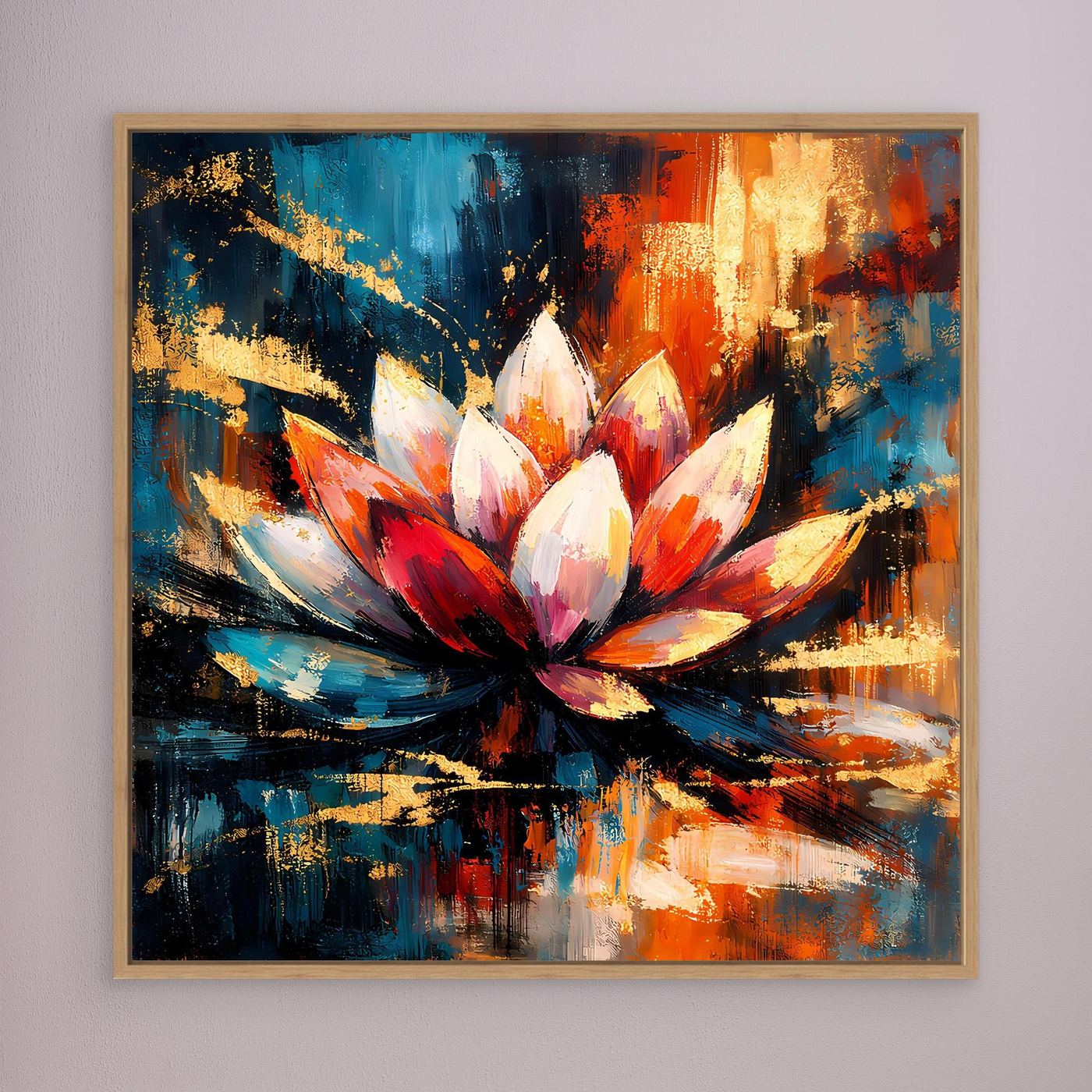 Leinwandbild mit abstrakter Lotusblüte, goldfarbig gerahmt, Rot-, Blau- und Brauntöne