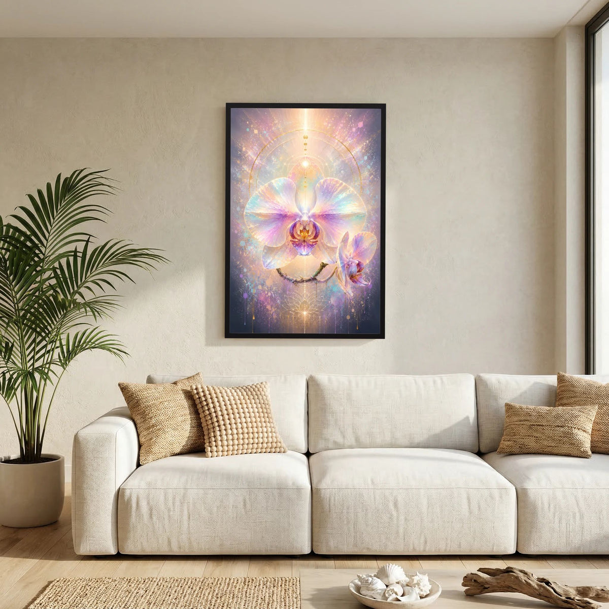 Orchideen-Pastellposter im schwarzen Rahmen, leuchtende Orchideenblüte mit pastellfarbenen Akzenten