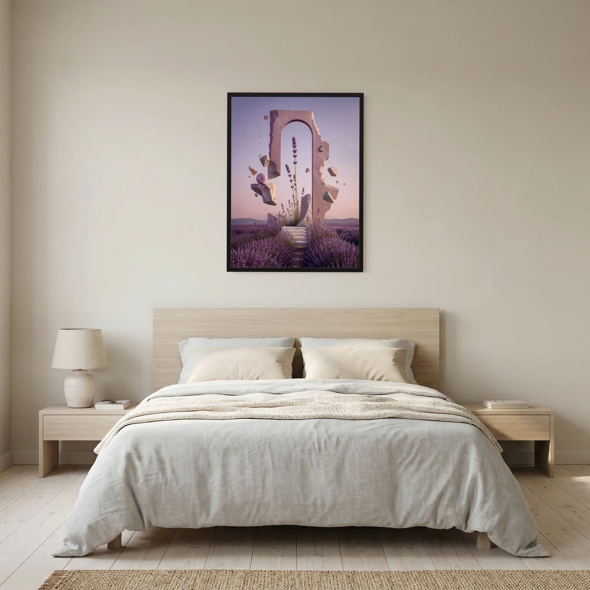 Hochformat-Poster mit Lavendelfeld und violettem Portal im schwarzen Rahmen über dem Bett