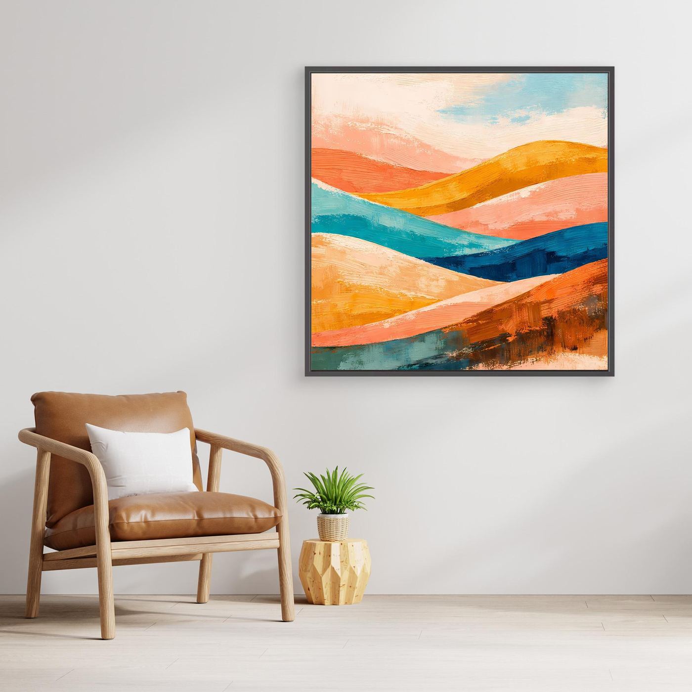 Dark-framed canvas wall art with abstract orange, teal, and blue rolling hills
