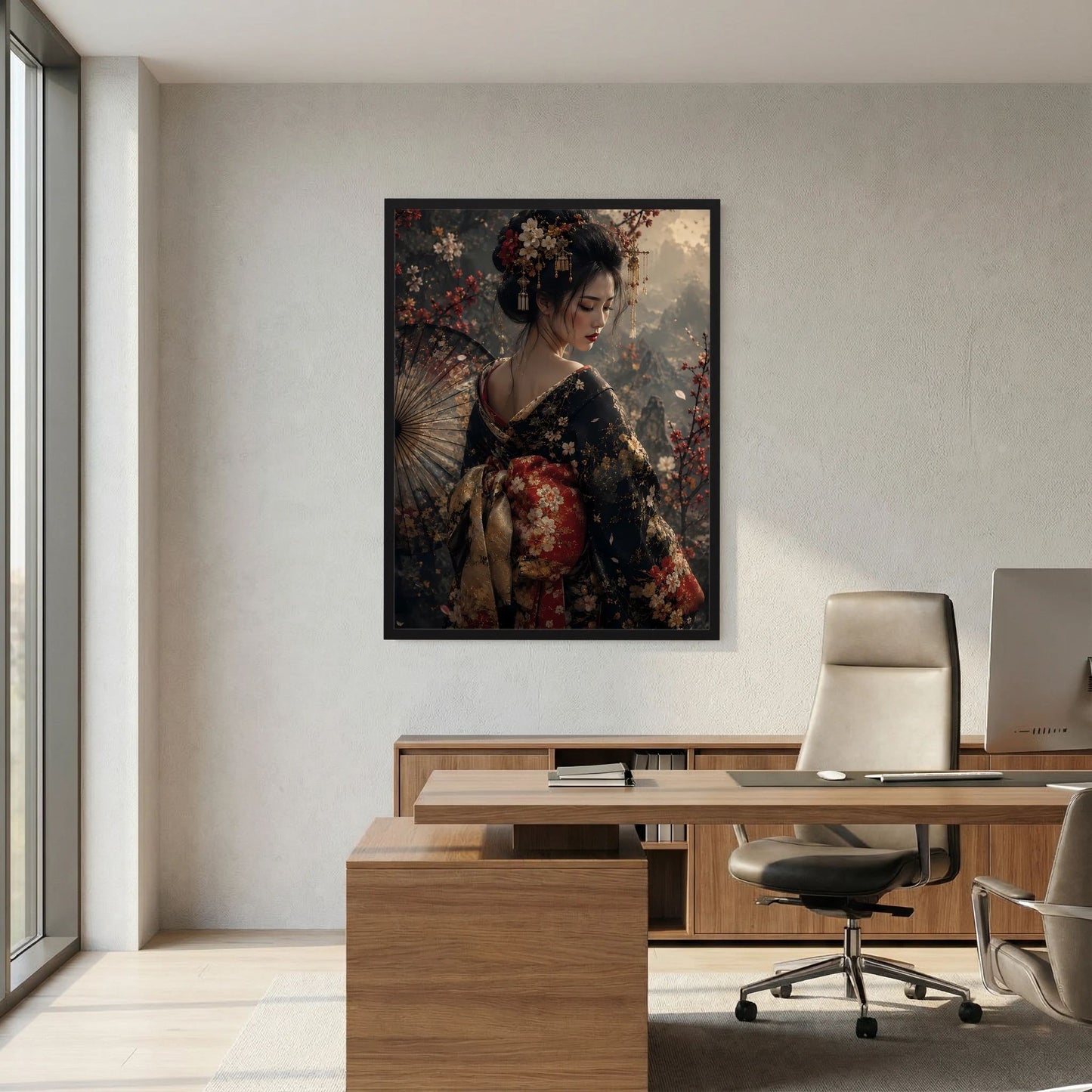 Hochformatiges Wandposter mit Geisha-Frau, floraler Kimono mit rotem Muster und Fächer