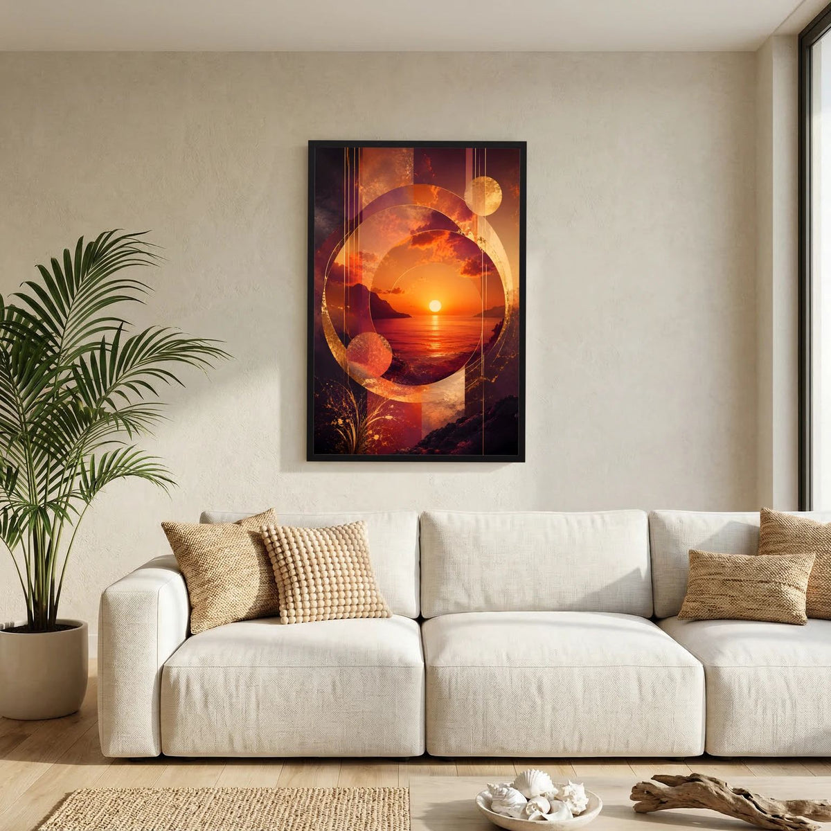 Abstraktes Sonnenuntergangs-Poster mit Kreis- und Liniengrafik über Meer, gold-orange, in schwarzem Rahmen