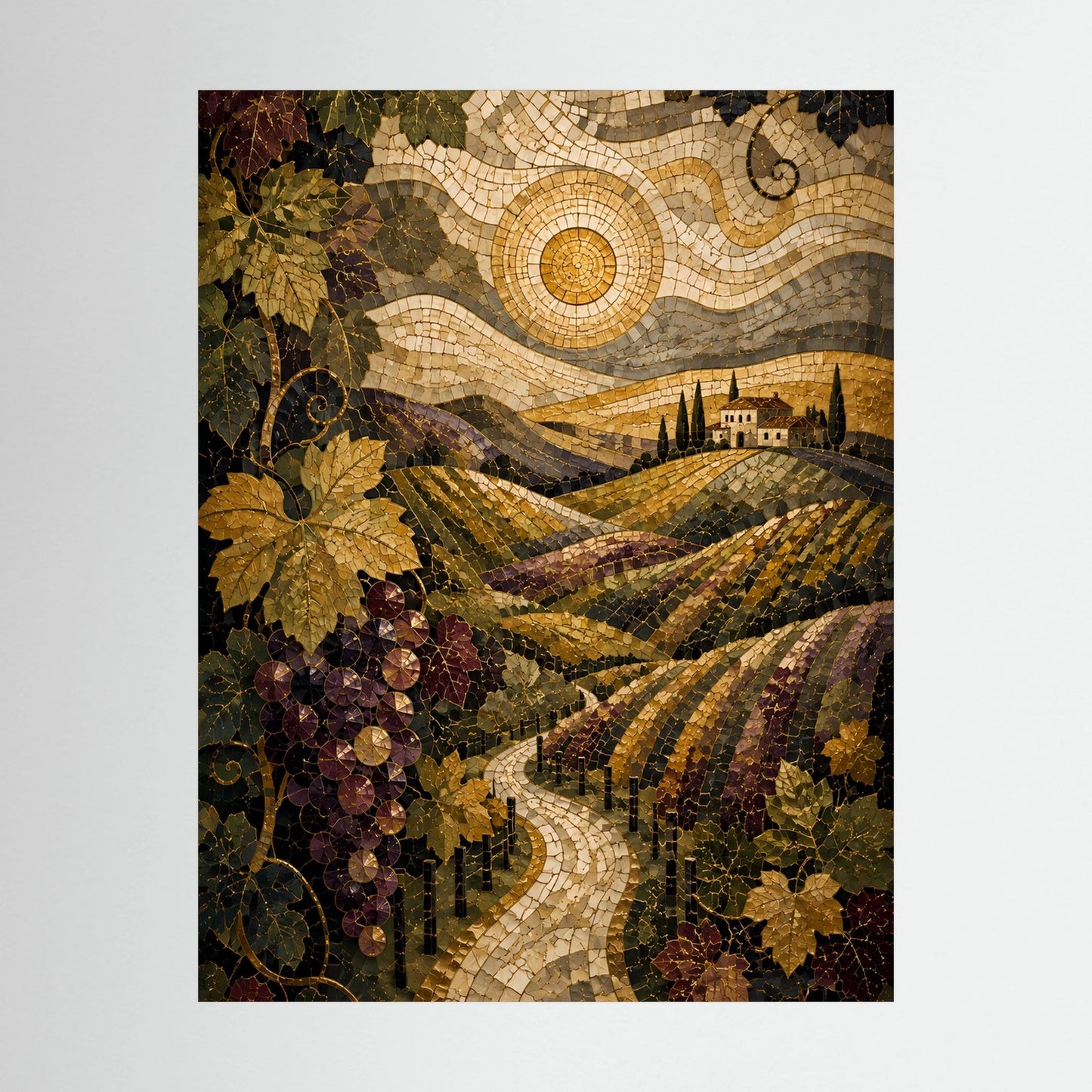 Hochformat-Poster mit mosaikartiger Landschaft der Weinberge, goldene Wege und Hügel