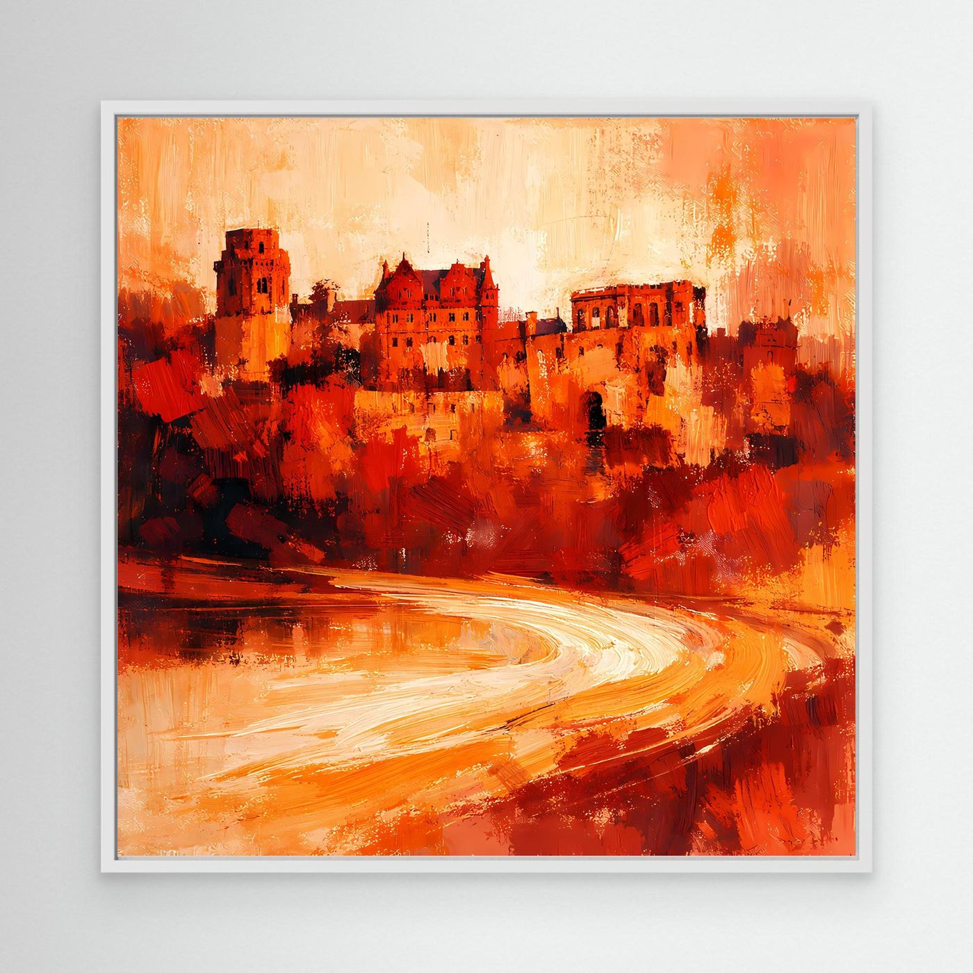 Leinwand Heidelberger Schloss im Abendlicht | Abstraktes Rot‑Ocker Wandbild mit Struktur und Tiefe