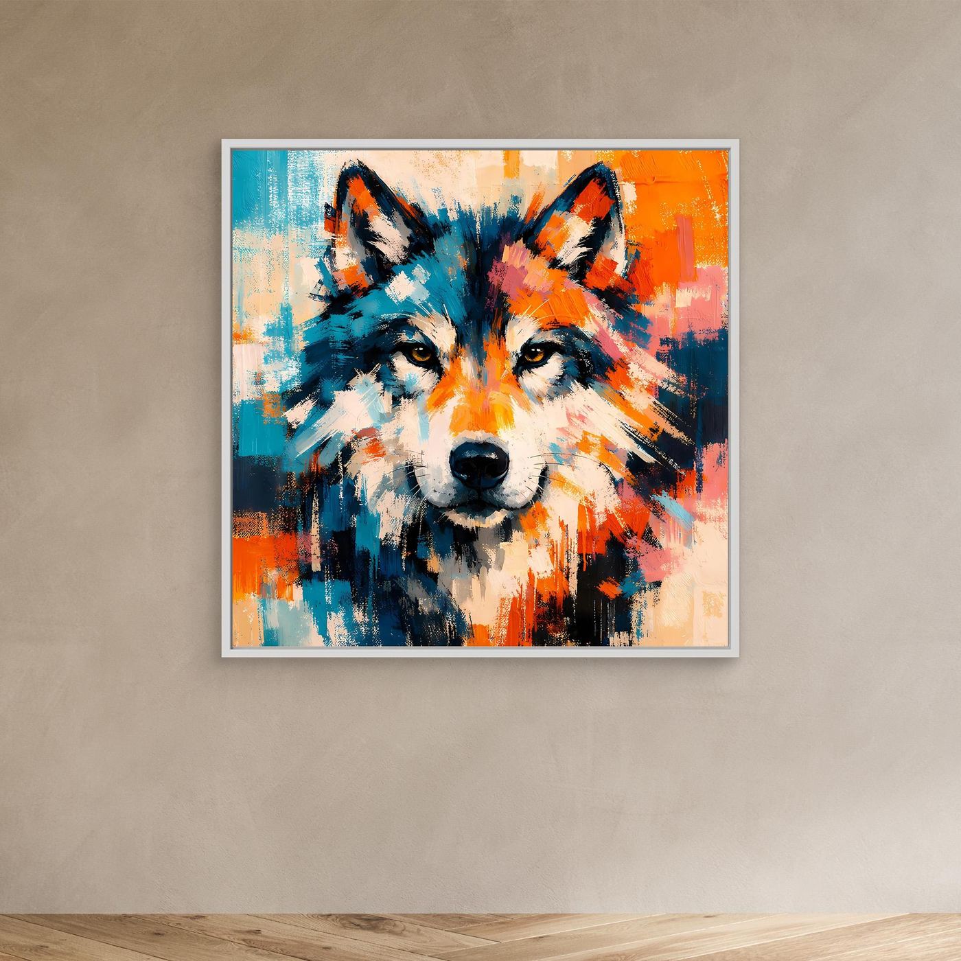 Abstract wolf canvas wall art with blue and orange brushstrokes, white frame