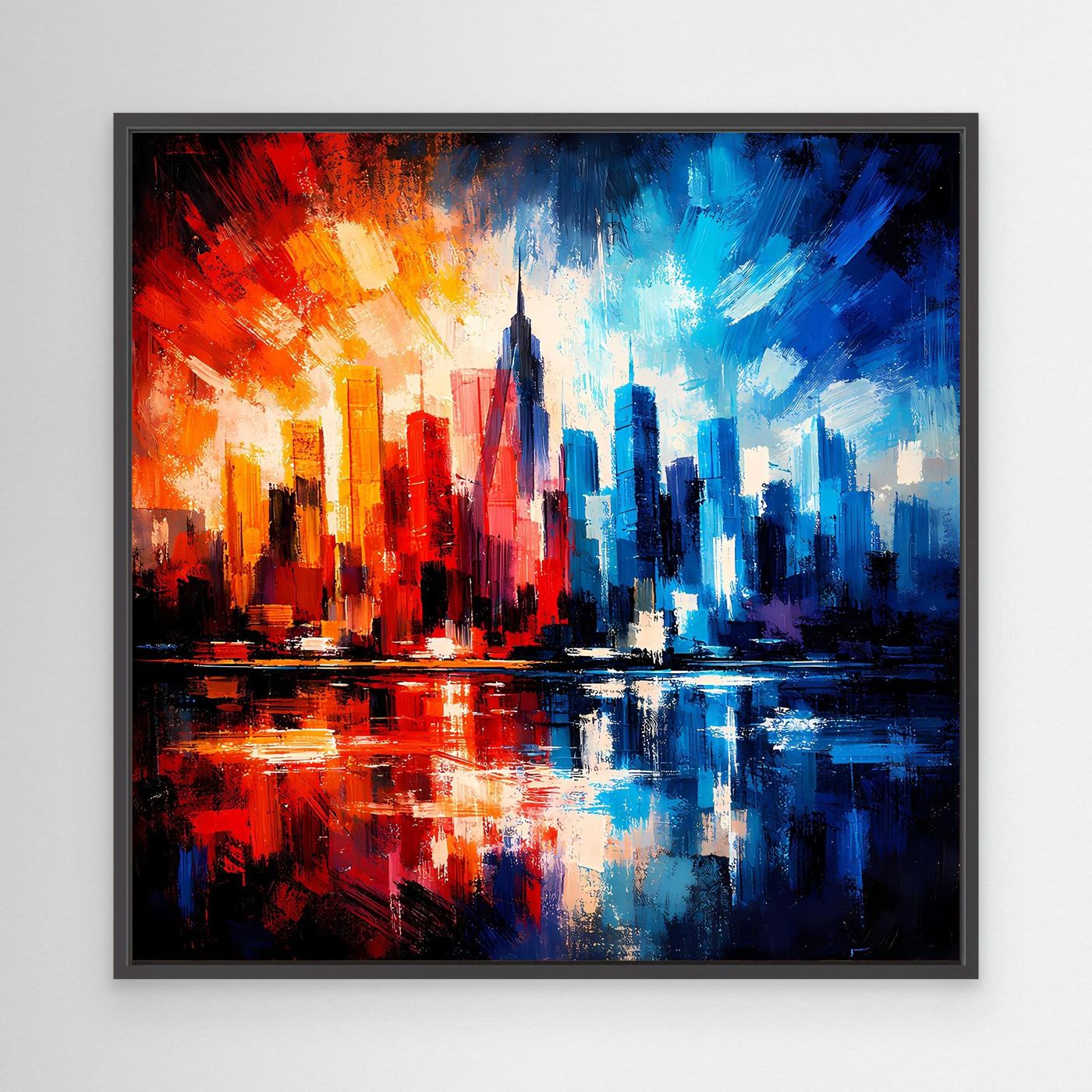Leinwandbild mit abstrakter Skyline in Rot-, Blau- und Gelbtönen, schwarzer Rahmen.