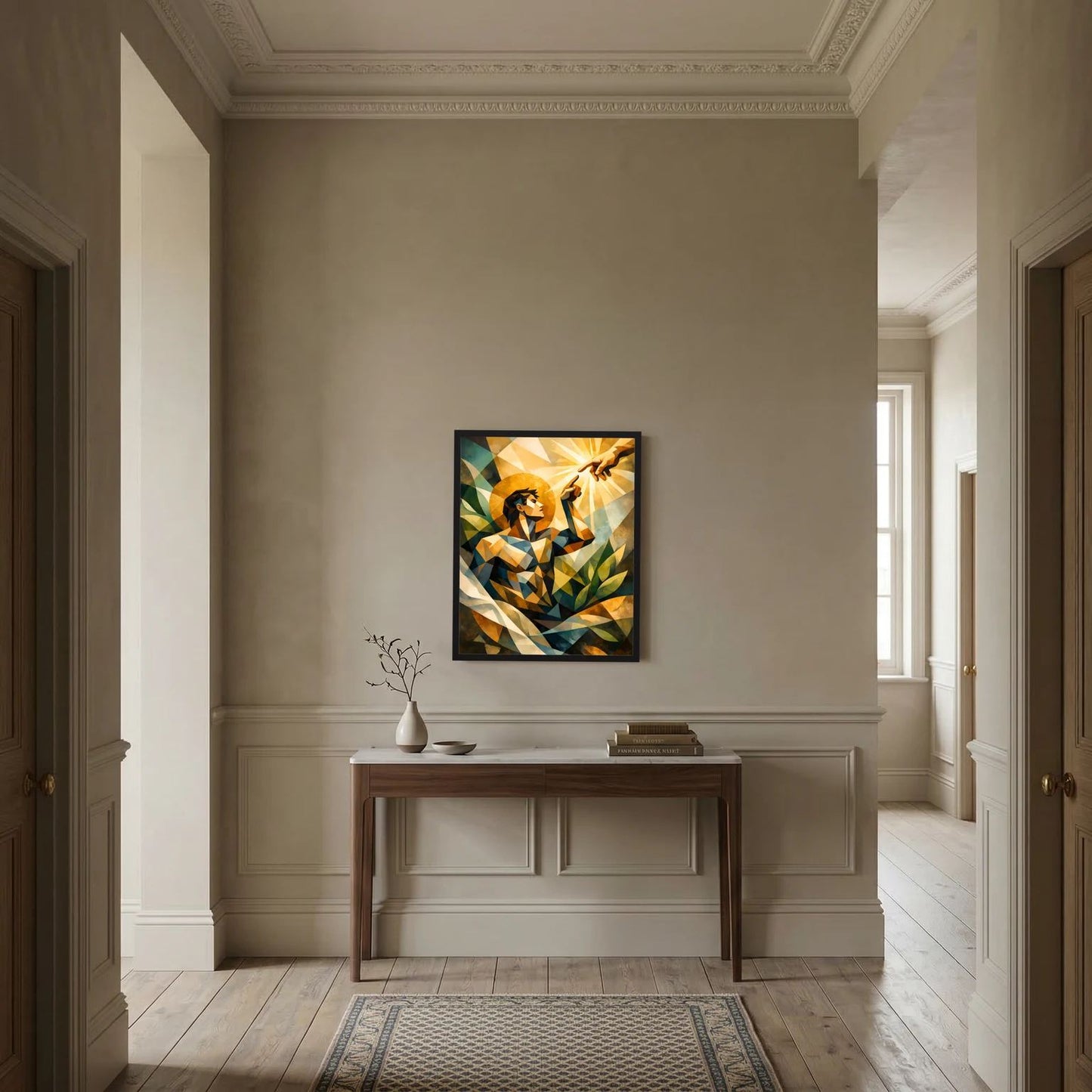 Quadratisches Wandbild im dunklen Rahmen: geometrische Engel-Figur mit goldenen Strahlen und Blättern