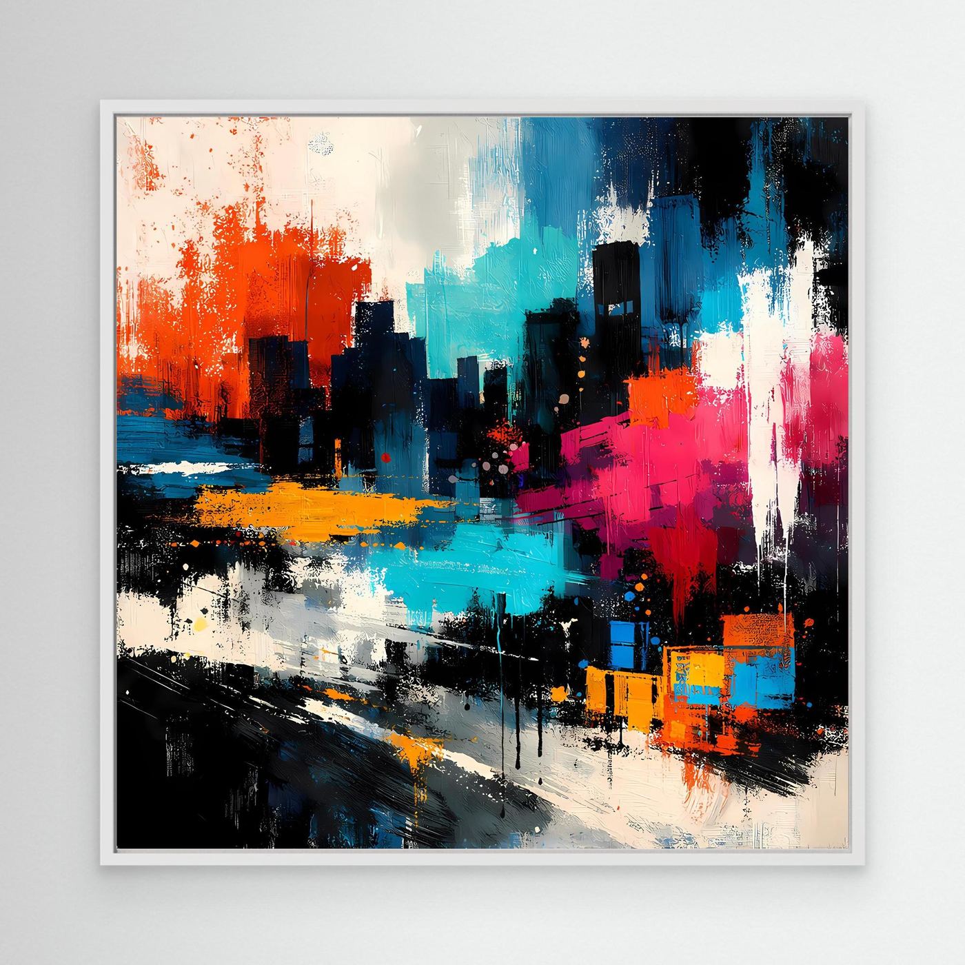 Abstract city skyline wall art with blue, orange, pink, and black paint, white frame