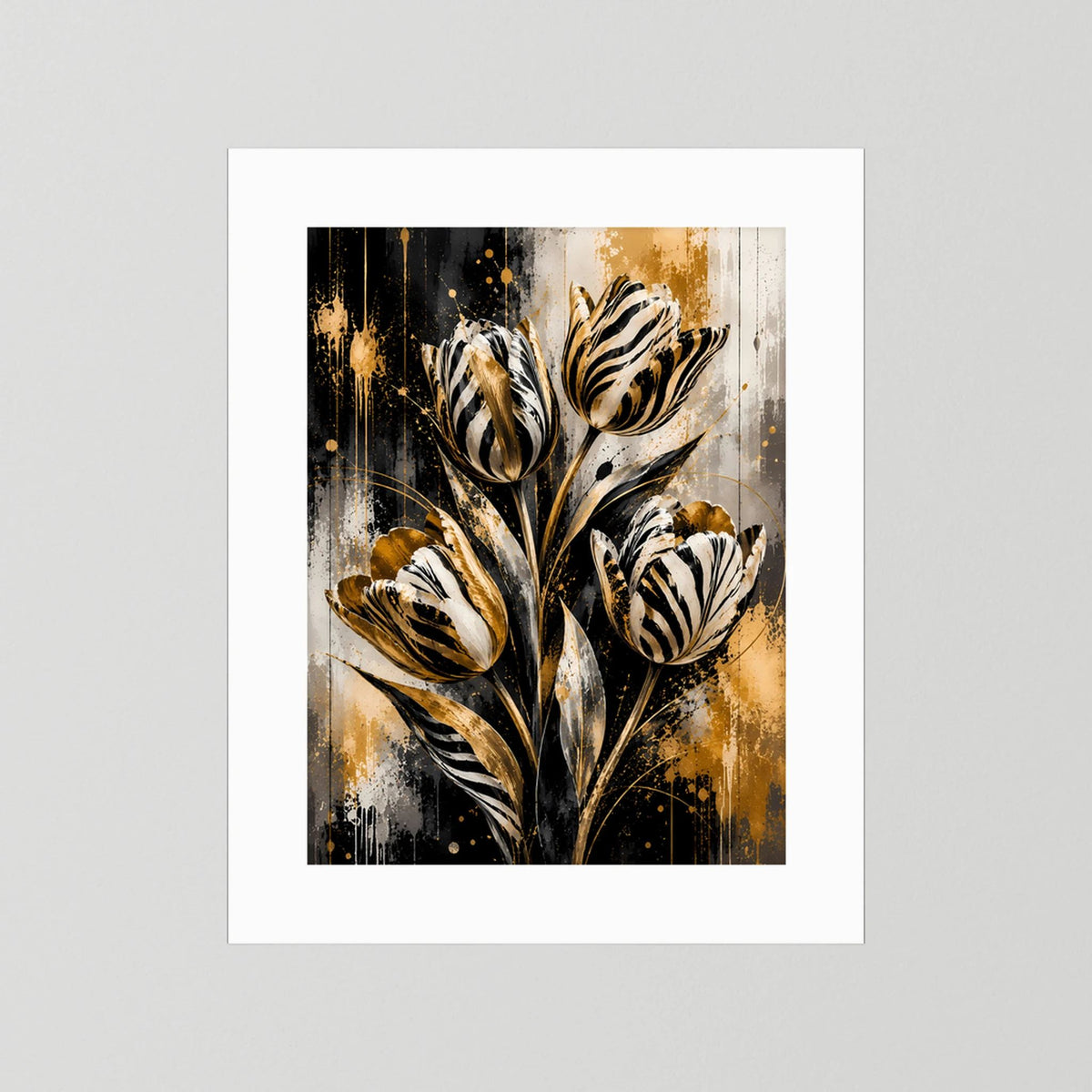 Hochformatiges Poster mit abstrakten Tulpen in Schwarz, Weiß und Gold, mit weißem Passepartout