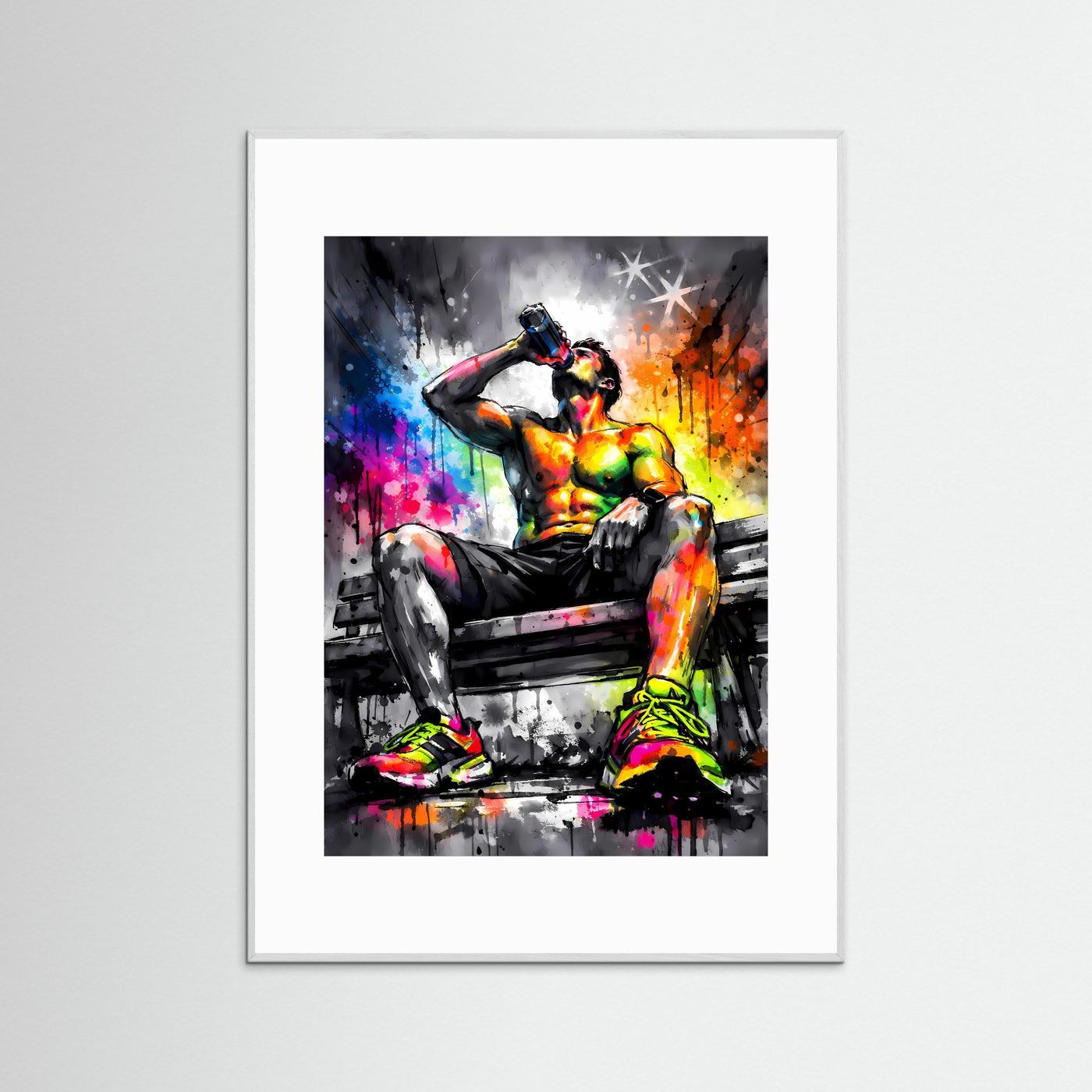 Die Kunst der Energie | Neon Fitness Poster mit trainierender Silhouette & Regenbogen-Farben | Abstraktes Sport Kunstposter Hochformat