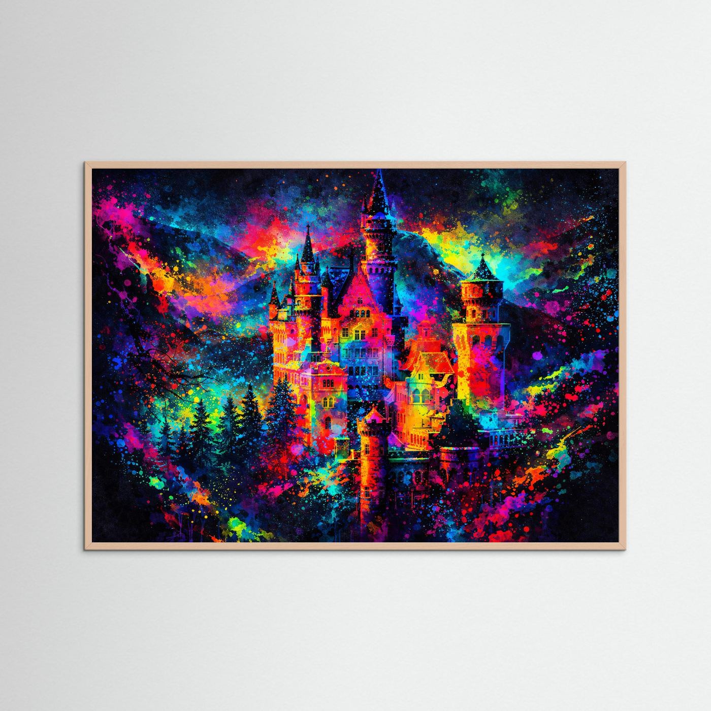 Farbenfrohes Märchenschloss im Farbrausch | Modernes Schloss Poster Querformat