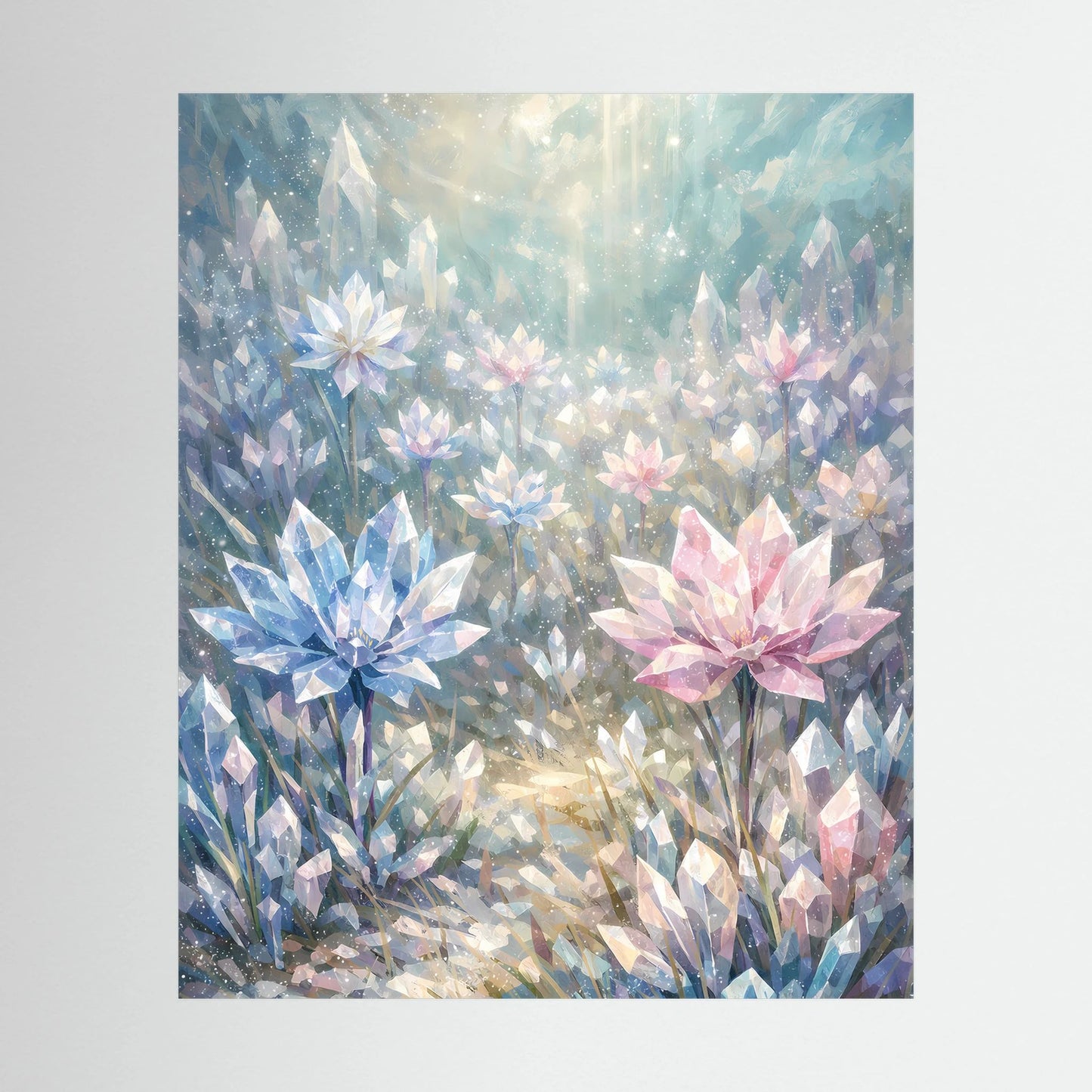 Hochformatiges Poster mit pastellfarbenen Kristallblumen in Blau, Rosa und Perlmutt