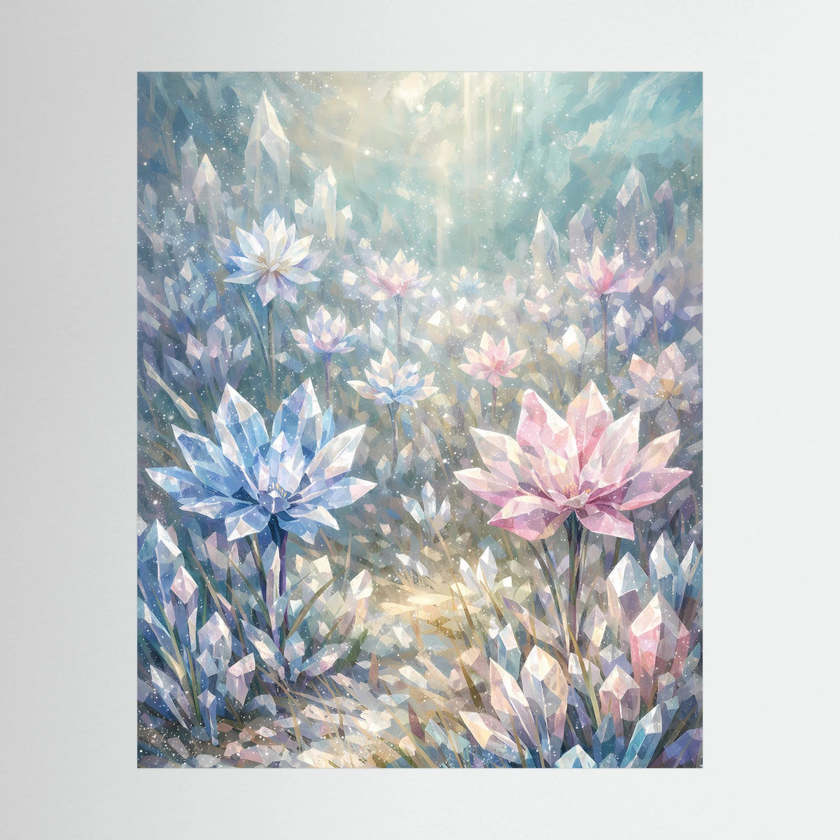 Hochformatiges Poster mit pastellfarbenen Kristallblumen in Blau, Rosa und Perlmutt