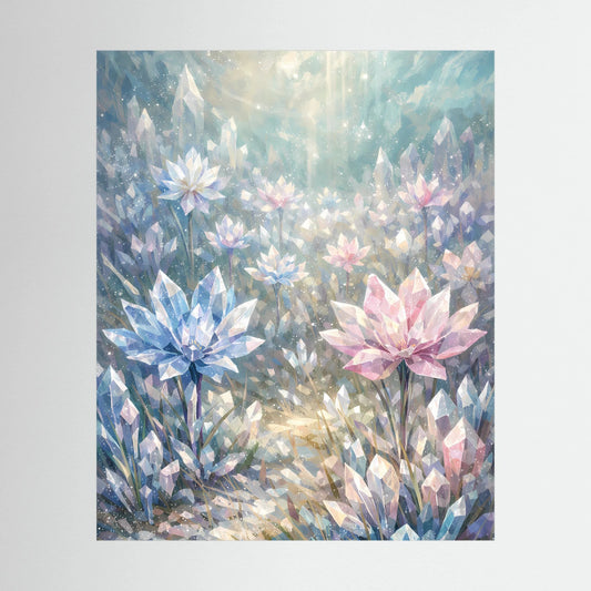Hochformatiges Poster mit pastellfarbenen Kristallblumen in Blau, Rosa und Perlmutt