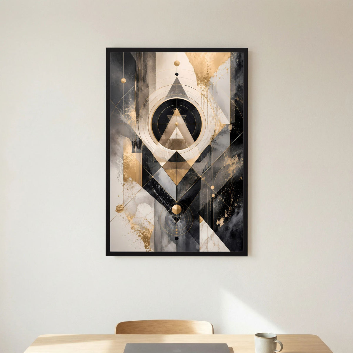 Abstraktes Kunstposter im Hochformat mit Kreisen und Rauten in Schwarz, Gold und Beige, schwarzer Rahmen.