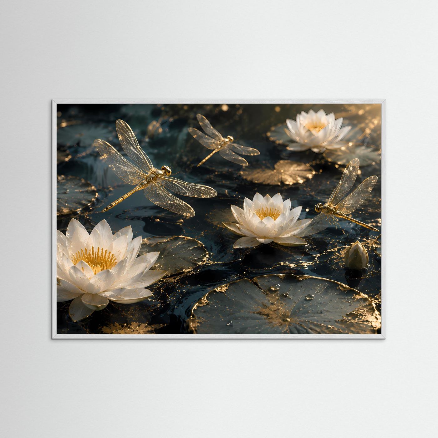 Weiße Lotusblüten Poster | Goldene Libellen über Seerosen | Elegantes Zen Wandbild | Luxuriöse Botanische Wandkunst | Premium Wall Art