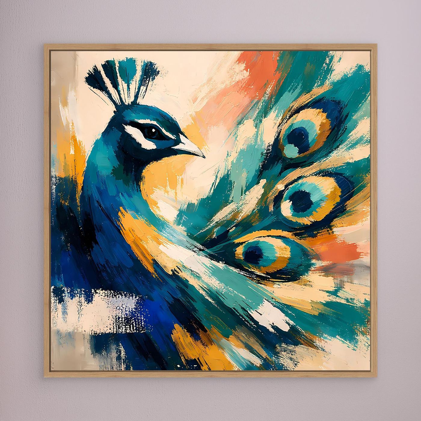 Peacock canvas wall art with abstract blue teal feathers and golden accents, wood border