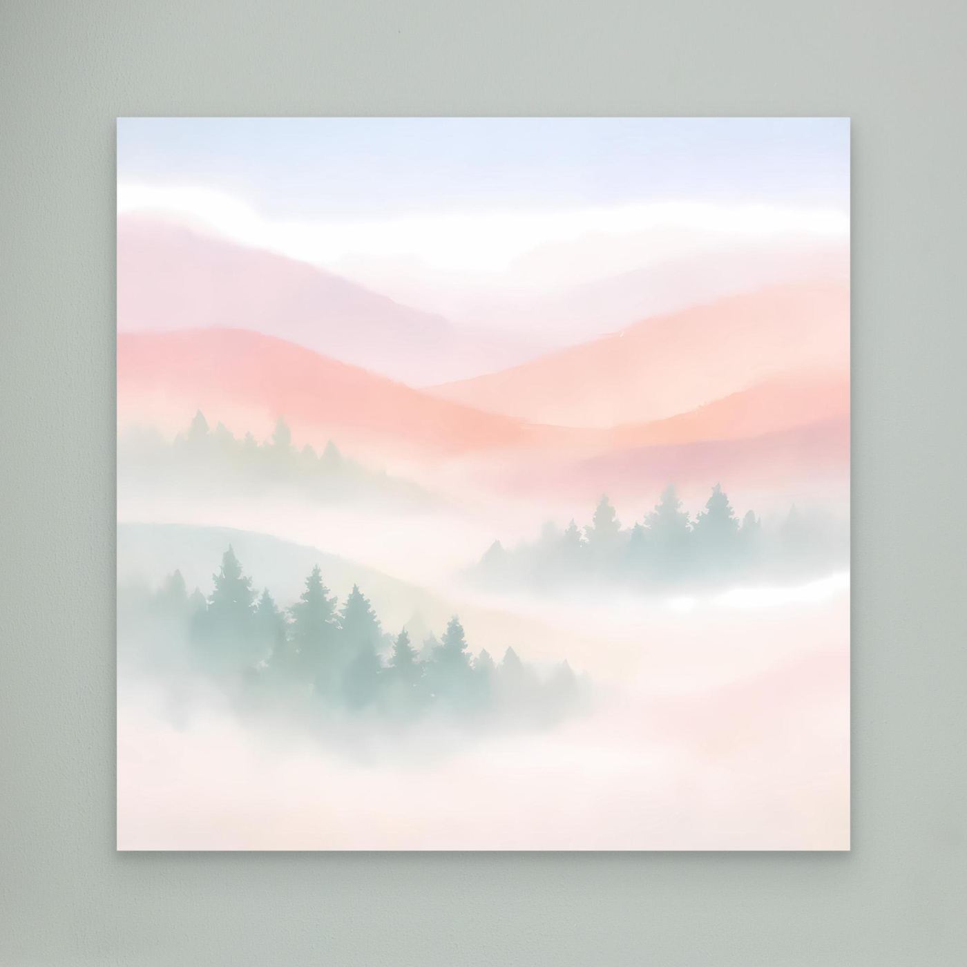 Leinwandbild mit nebligen Berggipfeln, Pastellfarben und Baum-Schatten