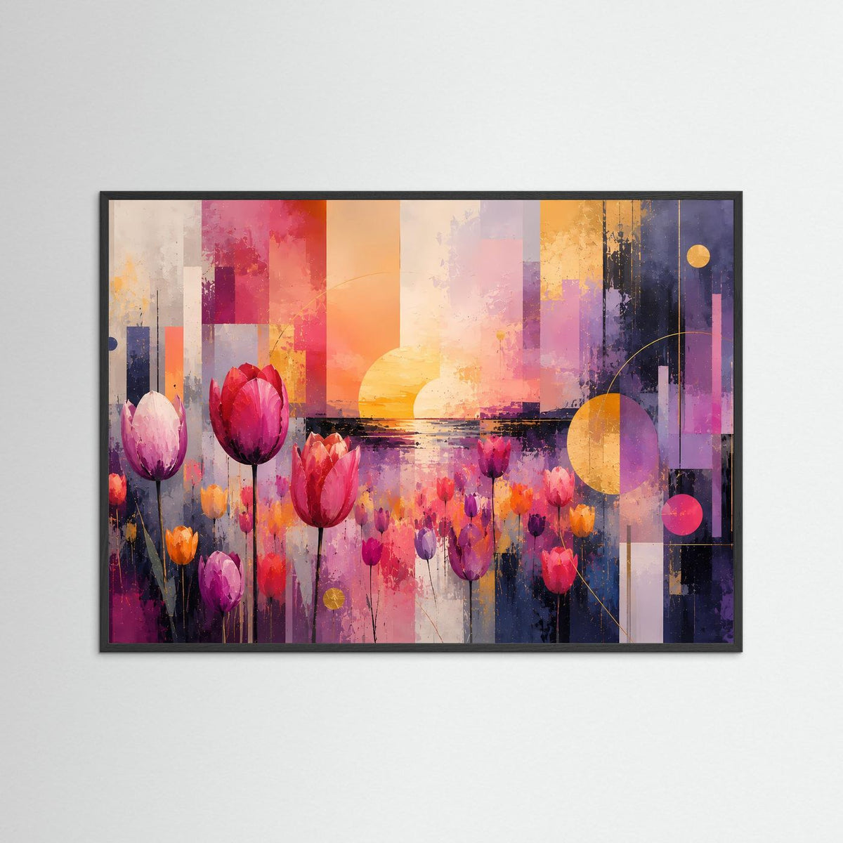 Abstraktes Tulpenfeld-Poster im dunklen Rahmen, Querformat, Tulpen in Pink und Violett